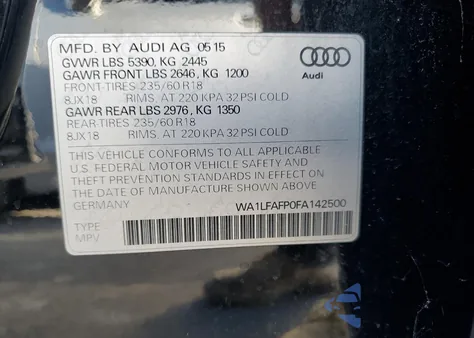 2015 Audi Q5 Premium Plus из США, поврежденный, VIN WA1LFAFP0FA142500